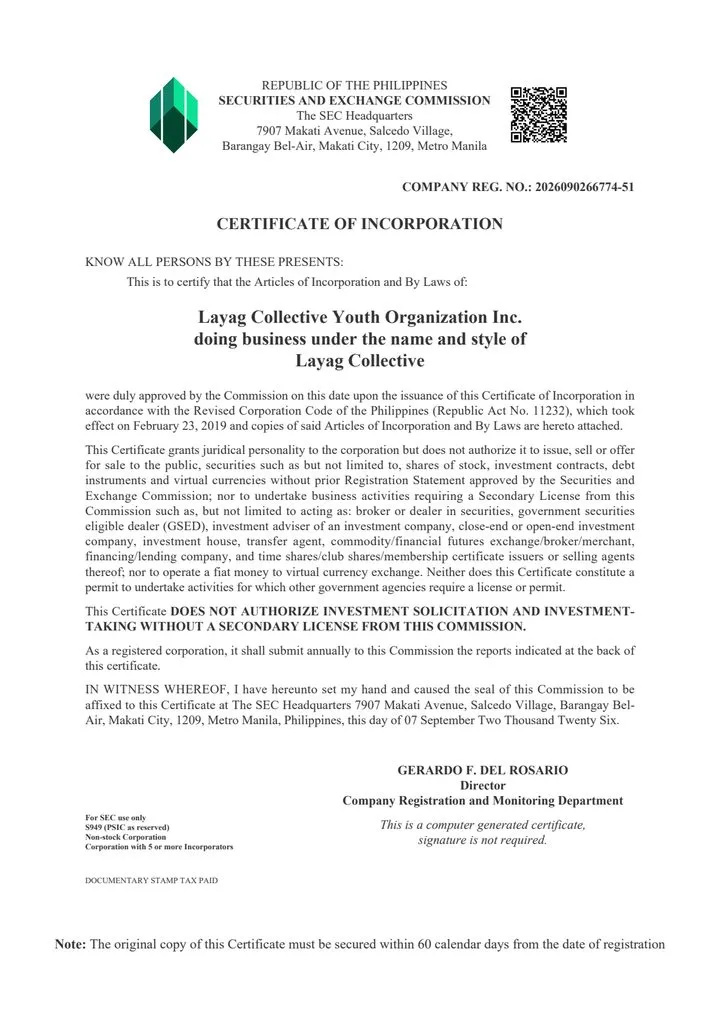 Certificate of Incorporation from the SEC for Layag Collective Youth Organization Inc.