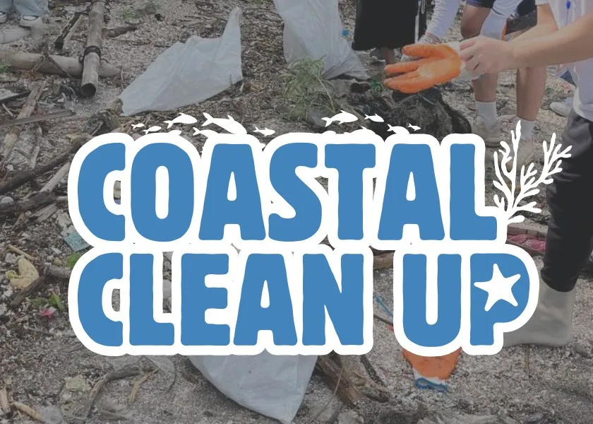 The title "Coastal Clean Up" over a shoreline littered with trash and bags of collected waste.