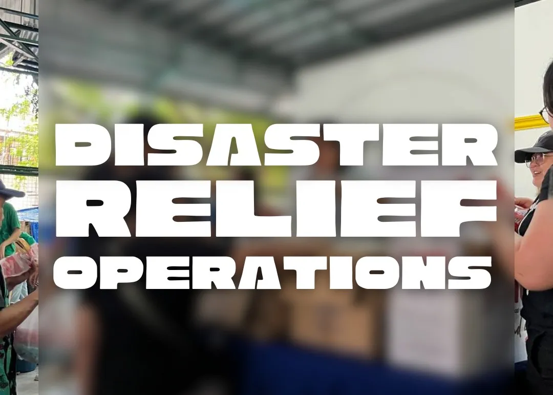 The title "Disaster Relief Operations" over a blurred photo of volunteers handing out goods in a covered court.